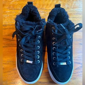 J Slides Black Suede Fur-Trim High-Top Sneakers